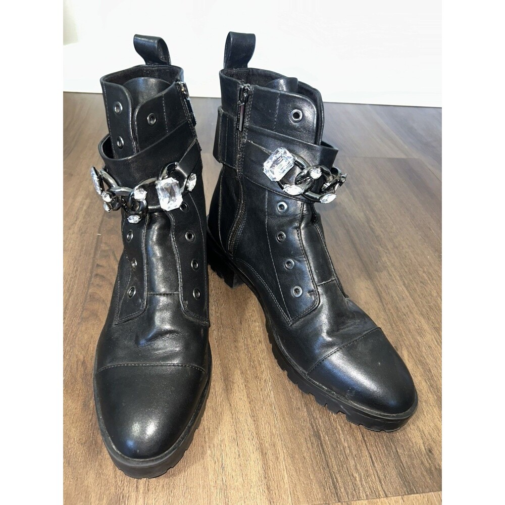 Karl Lagerfeld Shoes Women’s 11M Black Patina Combat Boots Rhinestones